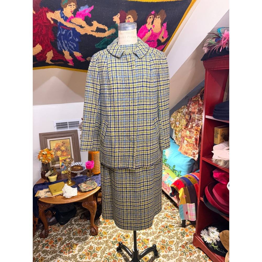 Vintage 60s Pendleton 3pc Wool Skirt Suit Blue Green Houndstooth Plaid Size 16 - Picture 5 of 10